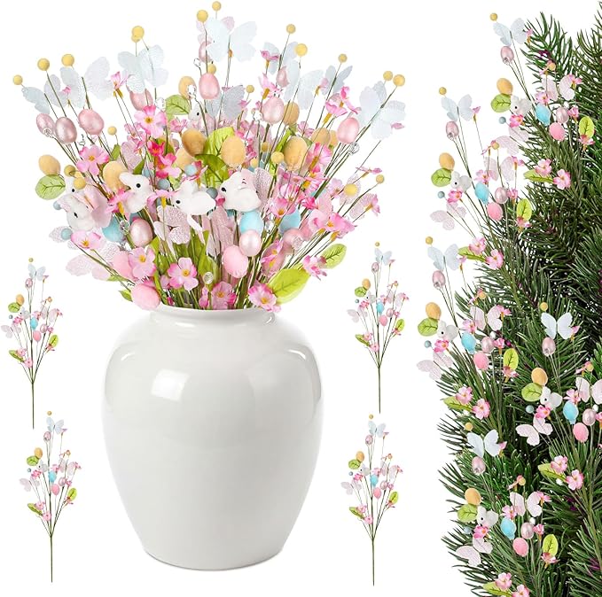 Maysing 12 Pcs Artificial Easter Bunny Picks Stems Spring Berry Floral Tree Branches with Easter Egg Twig Branches Butterf...