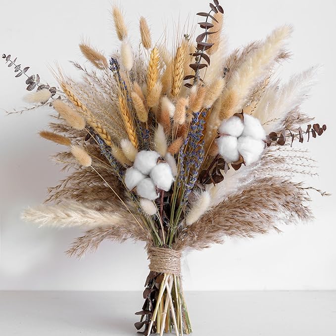 Natural Dried Flower Bouquet - Pampas Grass, Cotton Stems, Bunny Tails, Eucalyptus, Lavender & Wheat - Rustic Boho Decor f...