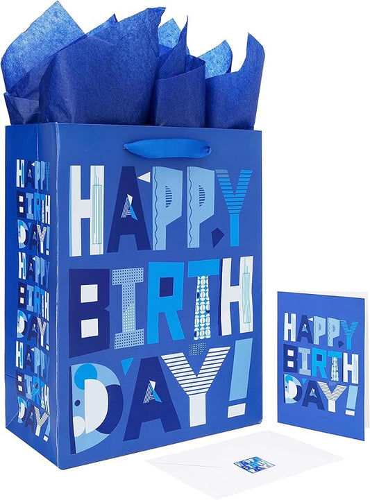 wishinside 13" Large Blue Gift Bags Set with Greeting Card and Tissue Papers (Blue Happy Birthday) for Men's Birthday Part...