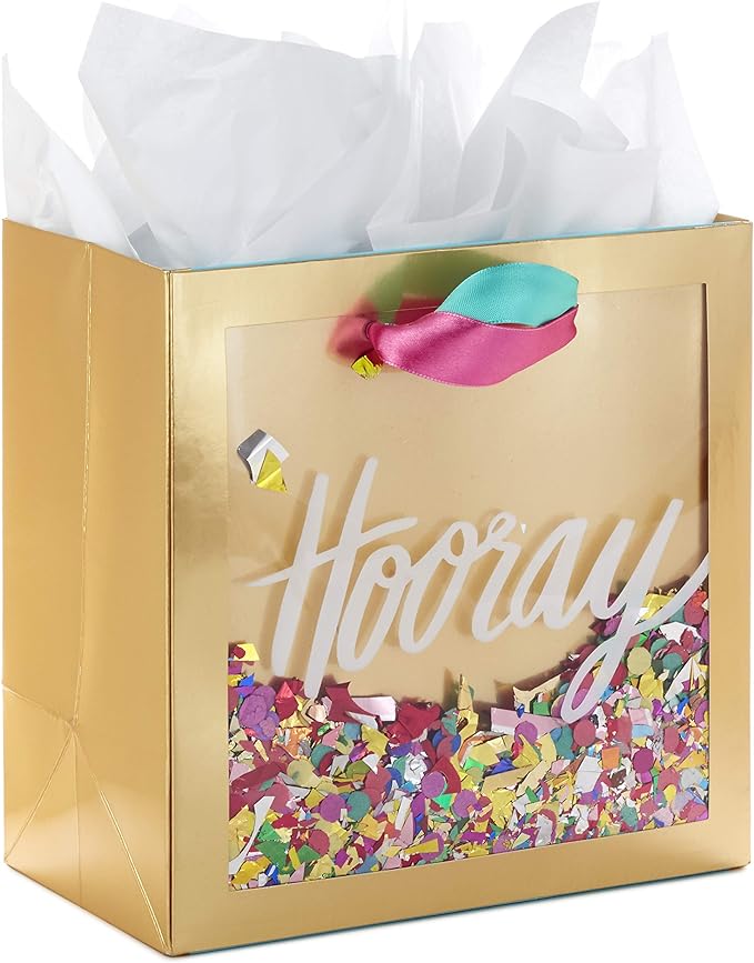 Hallmark Signature 7" Medium Gift Bag with Tissue Paper (Hooray; Gold with Pink, Teal, Purple Confetti) for Bridal Shower...