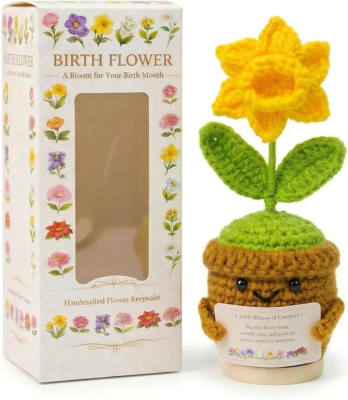 Xulvrax May Birth Flower Lily of the Valley Crochet Potted Plant Gift, Handmade Style with Wooden Base, Meaningful Birthda...