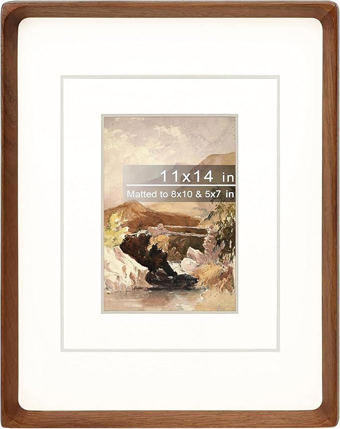 Gdfmsc 11x14 Picture Frame with Mat for 5x7/8x10, Natural Walnut Wood Handcrafted Rounded Corner with Real Glass, Vertical...