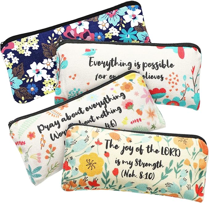 Outus 4 Pieces Inspirational Bible Verse Pencil Pouch Christian Pencil Case Scripture Makeup Bags Canvas Cosmetic Bags for...