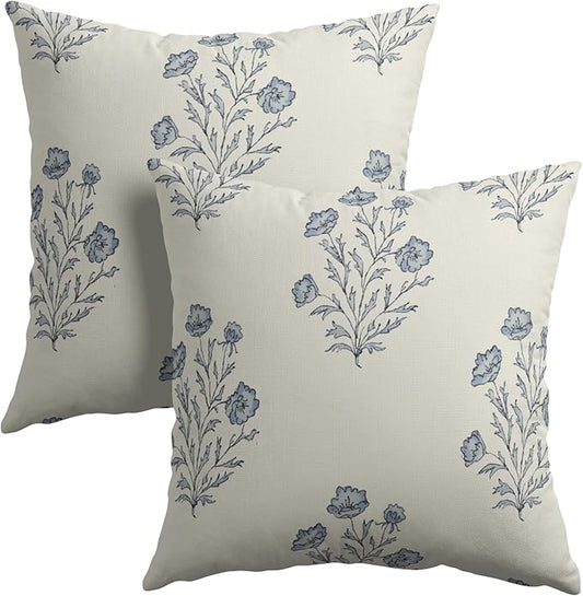 Blue and Cream Floral Throw Pillow Covers Chinoiserie Navy Blue Cushion Case 18 x 18 Inch Pillow Cover Decor Vintage Sprin...