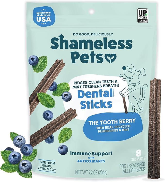 Shameless Pets Blueberry & Mint Dental Chews for Dogs, 8 Chews - Natural Dog Teeth Cleaning Treats with Fresh Breath Benef...