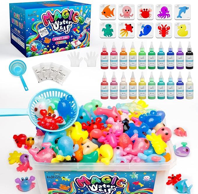 Kiditos Magic Water Elf Toy Kit – Squishies for Kids, 20 Gels & 10 Molds, Magic Gel Water Pets Sensory DIY Craft Kit, Part...