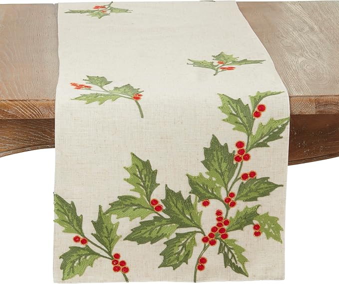 SARO LIFESTYLE Sudri Collection Evergreen Holly Leaves Table Runner, 16"x70", Natural