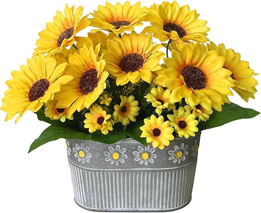 hopeme Artificial Flowers Fake Sunflowers in Pot, Faux Silk Flowers Floral Table Centerpiece Decoration, Rustic Potted Gre...