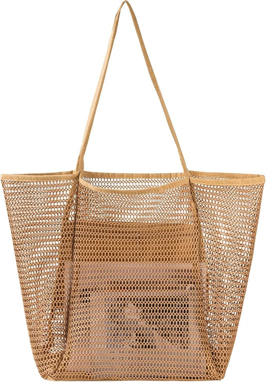 Tavaleu Mesh Beach Bag, Beach Bags for Women, Woven Straw Beach Tote Bag Waterproof with Inner Pocket, Packable Beach Bag