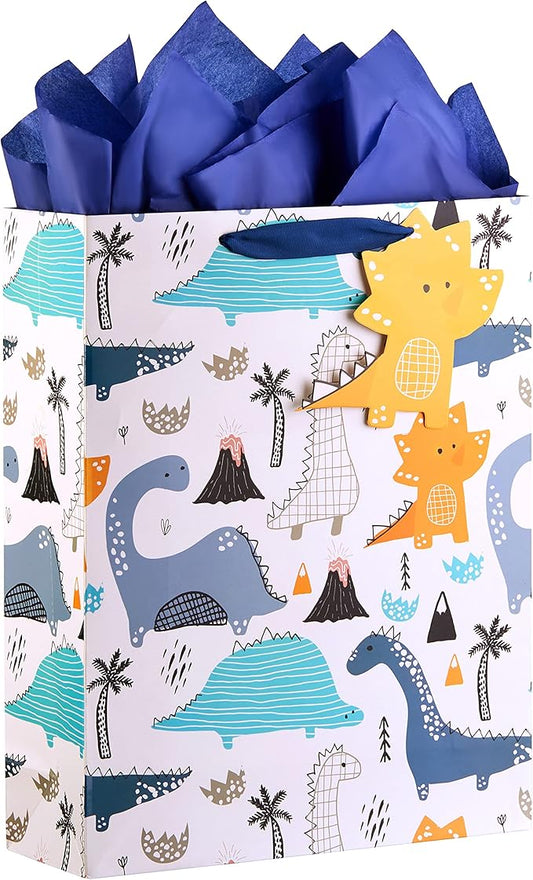 SUNCOLOR Extra Large Dinosaur Gift Bag with Blue Tissue Paper and Gift Tag, 15.7x12.6x5.7 Inches, Ribbon Handles, Boys Par...