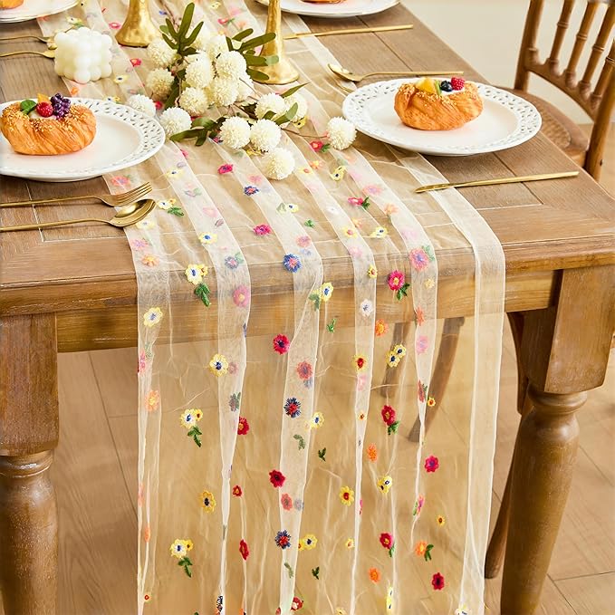 YATOJUZI Champagne Table Runner Embroidery Daisy Summer Floral Decorations Seasonal Tulle Dining Table Runners for Home Ki...