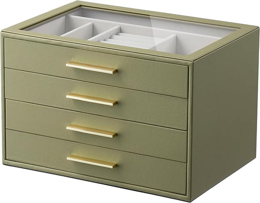 Jewelry Box Organizer Case for Women: 4-Layer Jewelry Storage Case with Glass Window, Olive Green Leather with Cream Velve...