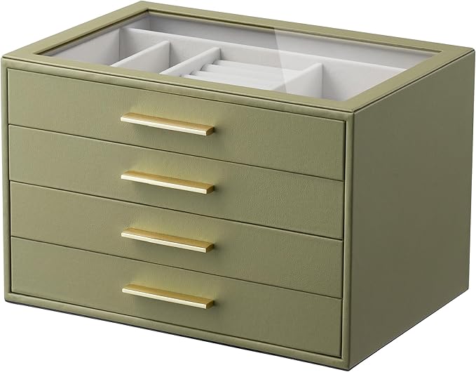Jewelry Box Organizer Case for Women: 4-Layer Jewelry Storage Case with Glass Window, Olive Green Leather with Cream Velve...
