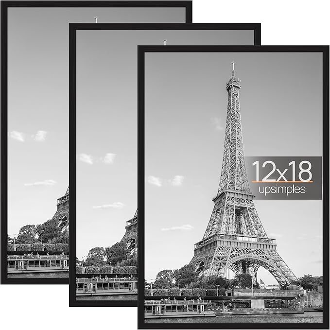 upsimples 12x18 Picture Frame Black 3 Pack, Scratch-Proof Poster Frames 12 x 18 for Photo Gallery - Slide-In Strips, Horiz...
