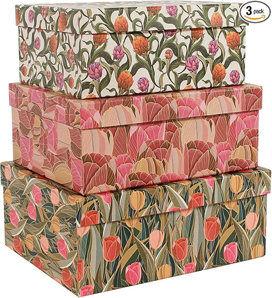 MIZFRUZZY 3-Piece Decorative Storage Boxes with Lids, Tulip Design, Vintage Floral, Cardboard Paperboard Keepsake box Set,...