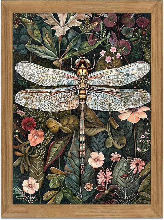 Framed Vintage 3D Textured Wall Art - Dark Green Dragonfly Flowers Wall Decor - Hand Drawn Sandstone Nature Botanical Pict...