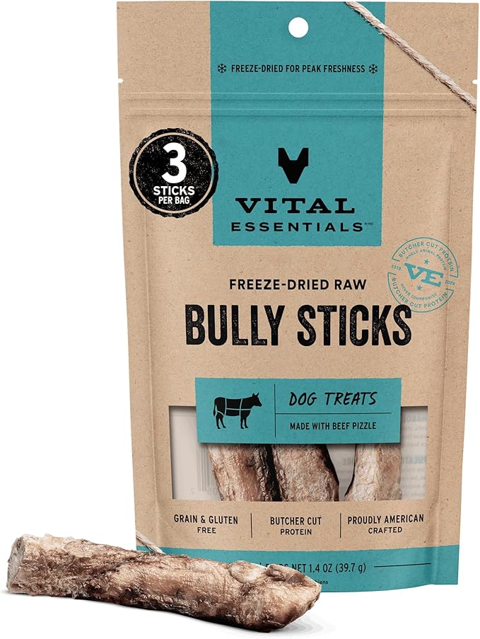 Vital Essentials Freeze Dried Bully Sticks Dog Treats | Premium Quality, Long Lasting | Grain Free Treats for Dogs, (3 Cou...