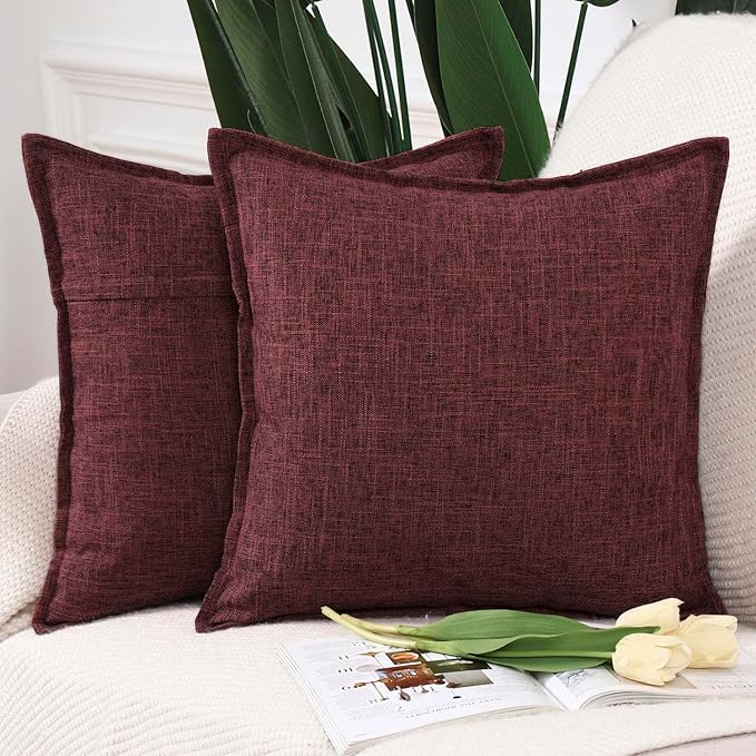 MADIZZ Pack of 2 Decorative Faux Linen Throw Pillow Covers 20x20 Inch Burgundy Natural Soft Boho Farmhouse Couch Throw Pil...