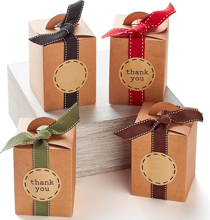 Small Gift Boxes with Ribbons & Stickers (20 Pack) 4.7” x 3.5” Brown Kraft Treat Boxes for Christmas Cookies, Candy, Decor...