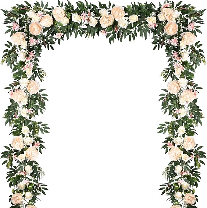 Lvydec 2 Pack Artificial Peony Flower Garland - 6ft Silk Peony Vine Willow Leaves Garland Champagne Arch Flower Vine for W...