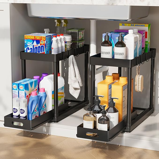 POUGNY 2 Pack Pull-Out Storage Organizers, Under Sink Organizer and Storage for Bathroom & Kitchen,Multi-Purpose Under Cab...