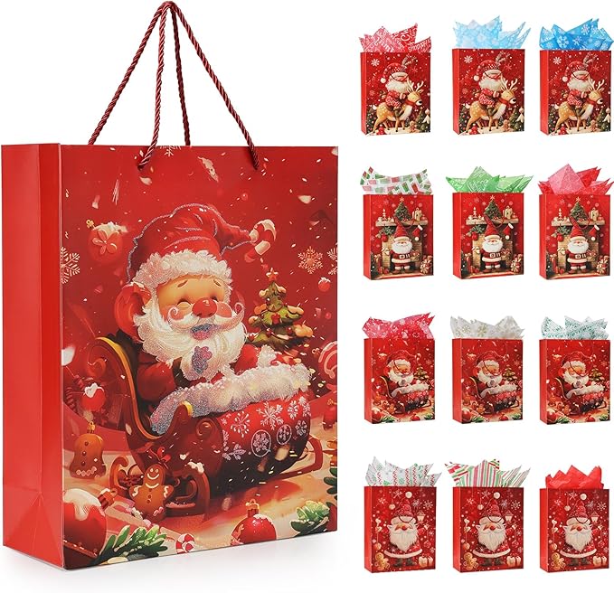Rusikia 12 Christmas Gift Bags with 12 Tissues and 1 Satin Ribbon, Red Party Favor Bags Bulk with Handles, Glittery Cute B...