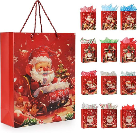 Rusikia 12 Christmas Gift Bags with 12 Tissues and 1 Satin Ribbon, Red Party Favor Bags Bulk with Handles, Glittery Cute B...