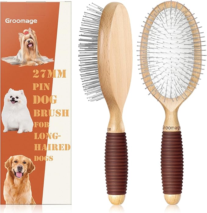 GROOMAGE Dog Brush for Long Haired Dogs, 27mm Extra Long Pin Brush for Grooming, Shedding - Beech Wood Material, Non-Slip ...