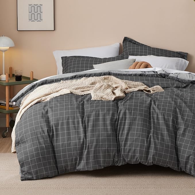 Bedsure Duvet Cover King Size - Reversible Plaid Duvet Cover Set with Zipper Closure, 3 Pieces Dark Grey Bedding Set with ...