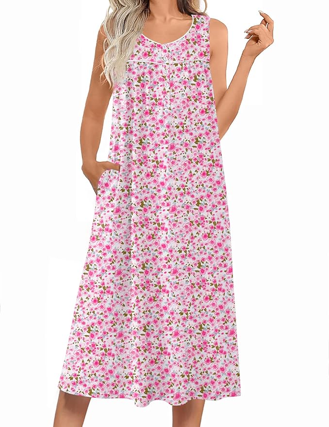 Ekouaer Nightgowns for Women Long Sleeveless Night Gowns Ladies Soft Nightdress Victorian Sleepwear with Pockets S-XXXL
