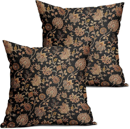 aportt Black Brown Floral Pillow Covers 18X18 Inch Set of 2 Vintage Boho Carpet Flowers Decorative Pillow Cases Leaves Pla...