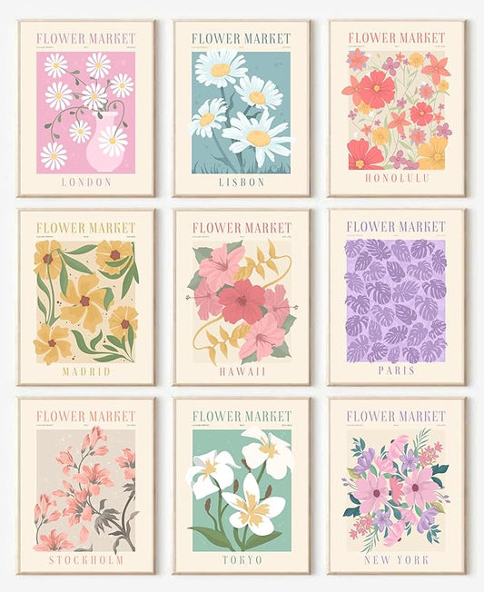 Flower Market Posters Set of 9, Minimalist Wall Art Prints, Vintage Flower Pictures, Abstract Canvas Colorful Floral Paint...