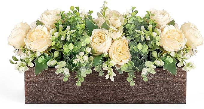 Dahey Centerpiece Table Decorations for Dining Room Farmhouse Table Centerpieces Decor Wood Tray with 3 Artificial Flowers...