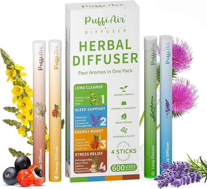 Herbal Diffuser Quartet, Lung, Sleep, Energy & Relax Diffuser with Extract of Mullein, Melatonin, Natural Caffeine and Cha...