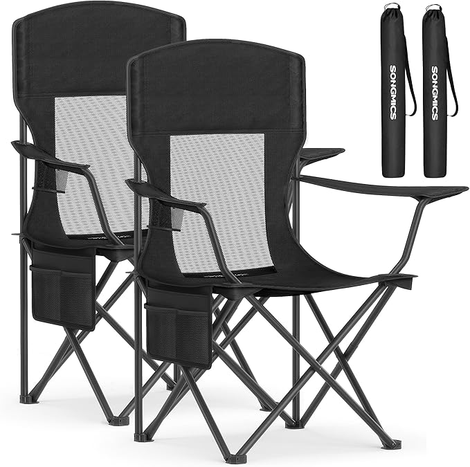 SONGMICS Breathable Camping Chairs, Foldable Outdoor Chairs Set of 2, High Back, Adjustable Armrests, Drink Holder, Weight...
