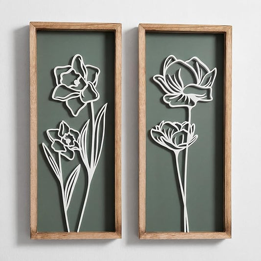 3D Floral Green Wall Art (Set of 2) Lightweight, Wooden Ready-to-Hang Boho Framed Wall Art for Bathroom, Bedroom, Living R...
