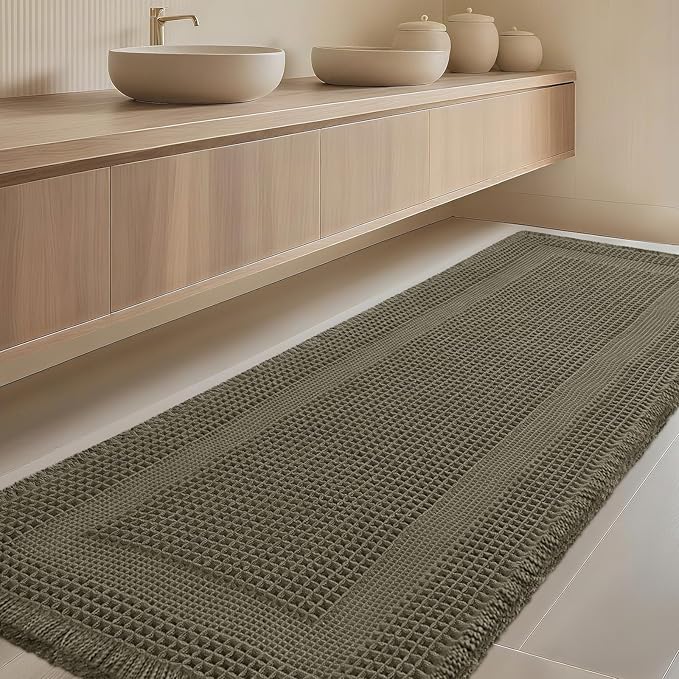IM HOME Extra Large Waffle Bath Mat, Greyish Green 5'x2', Boho Bathroom Rugs Absorbent Non Slip, Ultra Soft Bathroom Mat, ...