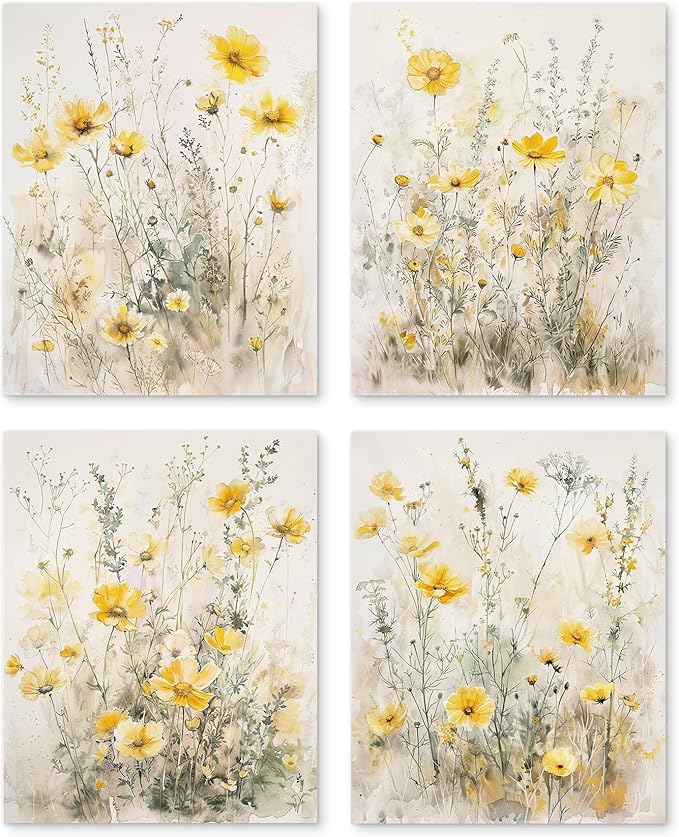PUHEI Summer Floral Wall Art Prints Set of 4, Summer Yellow Daisy Flower Wall Posters Decor for Farmhouse Home Living Room...
