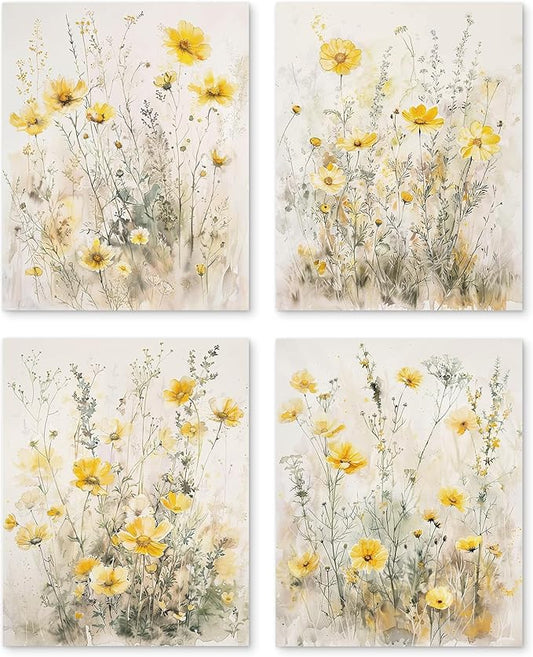 PUHEI Summer Floral Wall Art Prints Set of 4, Summer Yellow Daisy Flower Wall Posters Decor for Farmhouse Home Living Room...