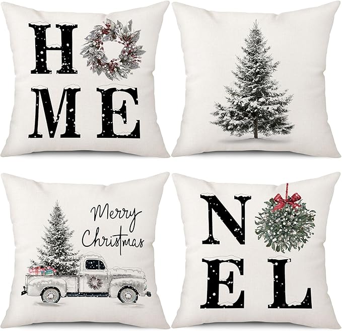 Coeufuedy Christmas Pillow Covers - 18x18 Inch Set of 4 Home Noel Truck Tree Holiday Cushion Covers Farmhouse Christmas De...