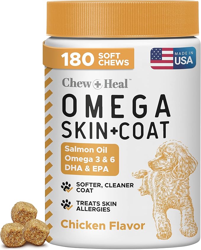 Omega 3 Fish Oil for Dogs - 180 Soft Chews for Itch Relief, Shedding & Hot Spots - Skin and Coat Supplement - Salmon Oil, ...