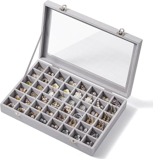 48 Grid Earring Organizer and Storage: Velvet Jewelry Tray with Lid, Jewelry Box for Studs, Earrings, Rings, Necklaces, Dr...
