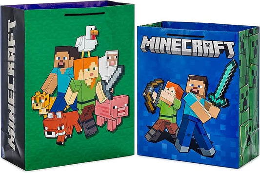 Hallmark Minecraft Gift Bag Bundle (2 Bags: 13" Large Blue Bag, 15" Extra Large Green) for Birthdays, Christmas, Valentin...