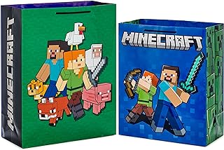 Hallmark Minecraft Gift Bag Bundle (2 Bags: 13" Large Blue Bag, 15" Extra Large Green) for Birthdays, Christmas, Valentin...