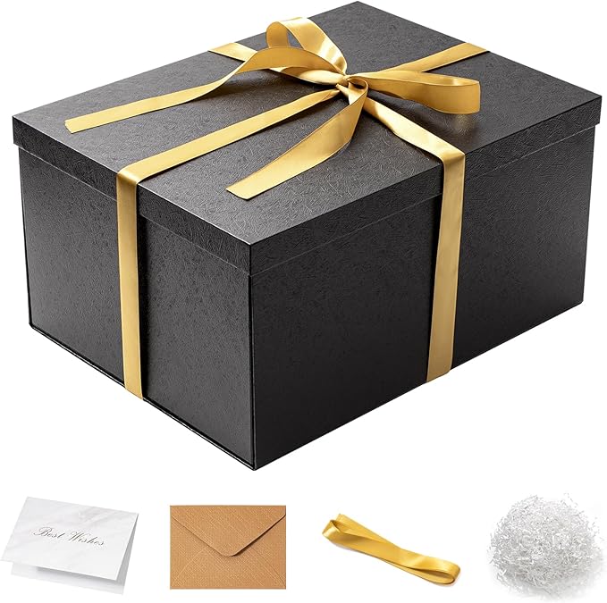 Mefleet 16x12x8 Inches Large Gift Box with Lid for Presents Big Deep Black Gift Boxes 1 Pack for Christmas, Birthday, Vale...