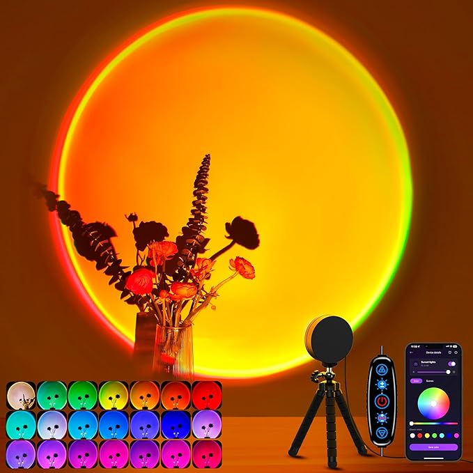 XEBKOR Sunset Lamp Projector Multicolor Changing LED Projection Lamp,Switch Button and APP Control 360 Degree Rotation Sun...