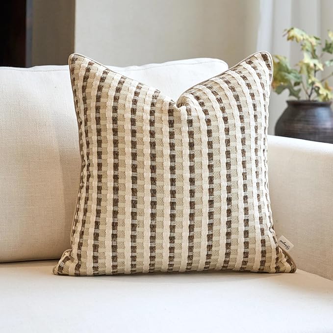 Yangest Boho Cotton and Linen Square Pillow Cover 18x18 Inch, Striped Luxury Couch Pillowcover Accent Modern Decorative Co...