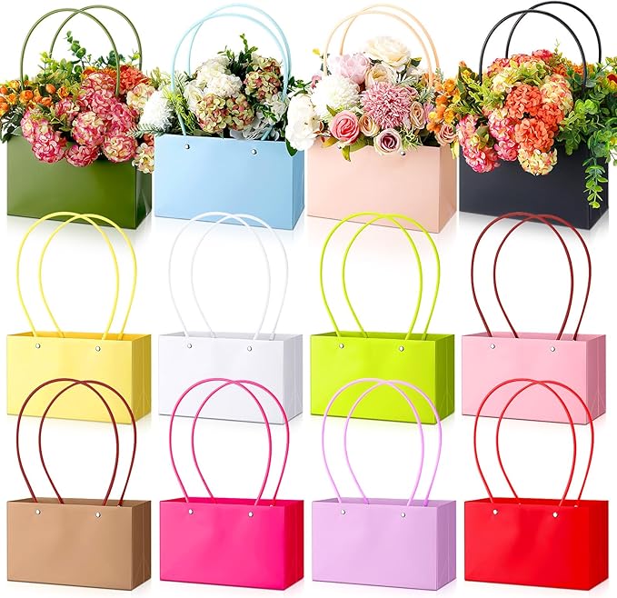 Geyoga 12 Pcs Mother's Day Flower Bags Boxes for Arrangements Kraft Paper Floral Wrapping with Handle Waterproof for Gradu...