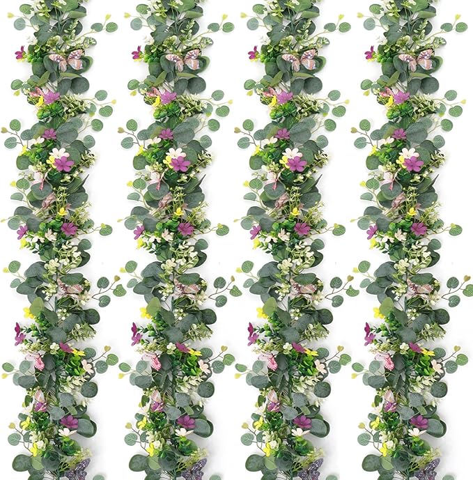 ASTNIC 4 Pack 5.68 FT Artificial Daisy Garland with 3D Butterfly, Hanging Fake Flowers Greenery Eucalyptus Garland Floral ...