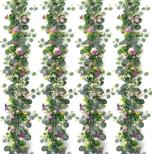 ASTNIC 4 Pack 5.68 FT Artificial Daisy Garland with 3D Butterfly, Hanging Fake Flowers Greenery Eucalyptus Garland Floral ...